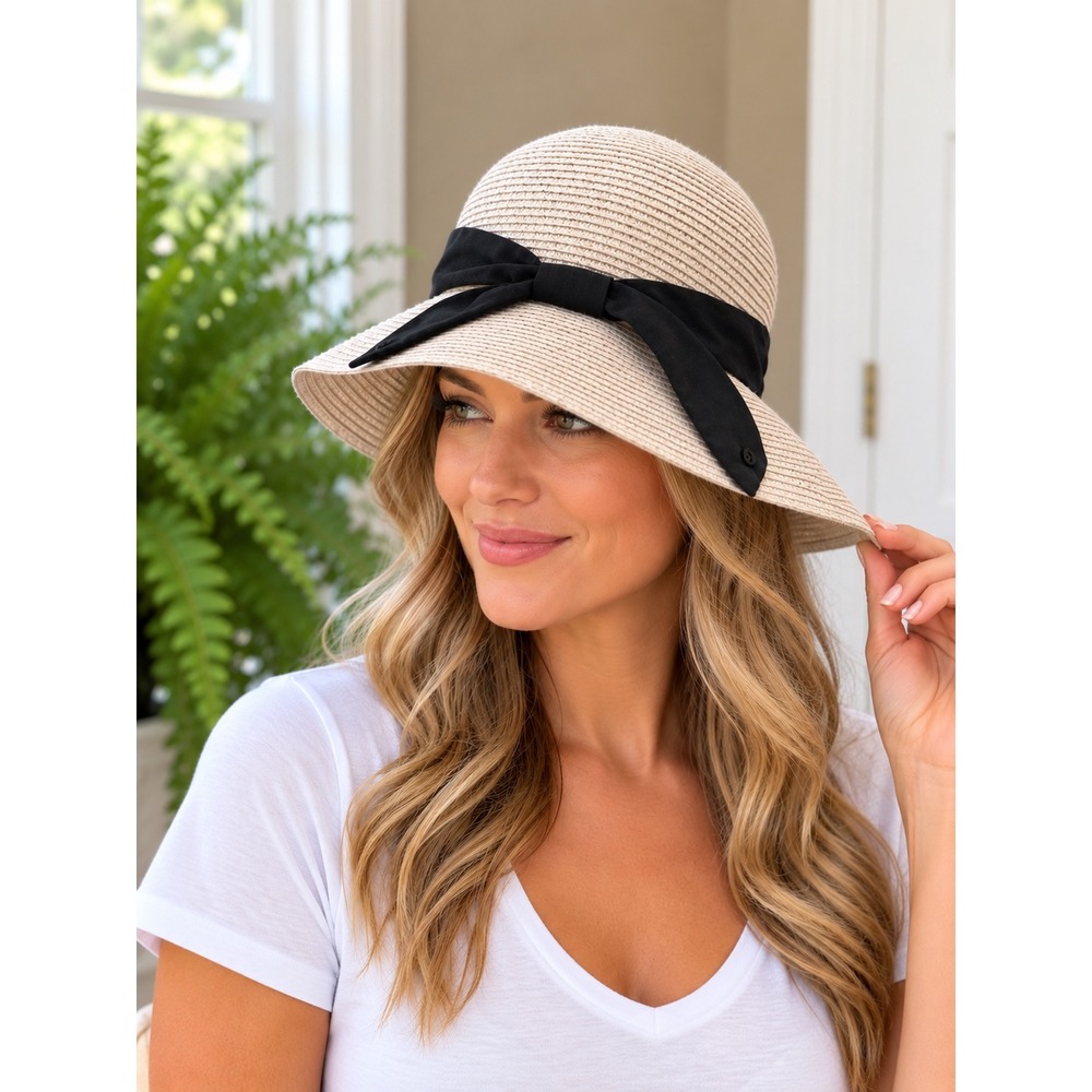 David and Young Woven Sun Hat Gray White Black Bow Ribbon ABU1027 OSFM Beachy